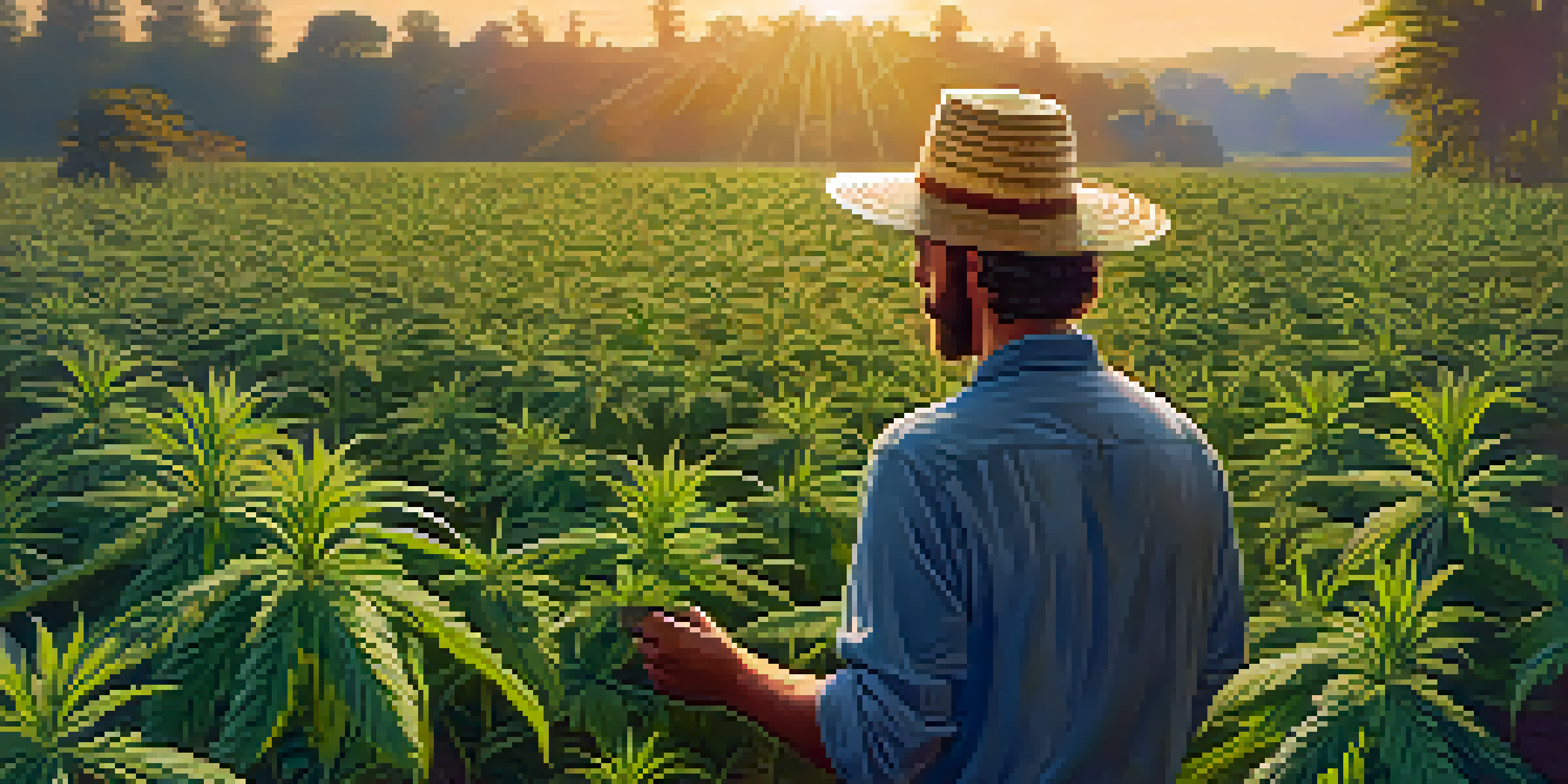 A cannabis farm at sunrise with rows of plants and a farmer inspecting them.