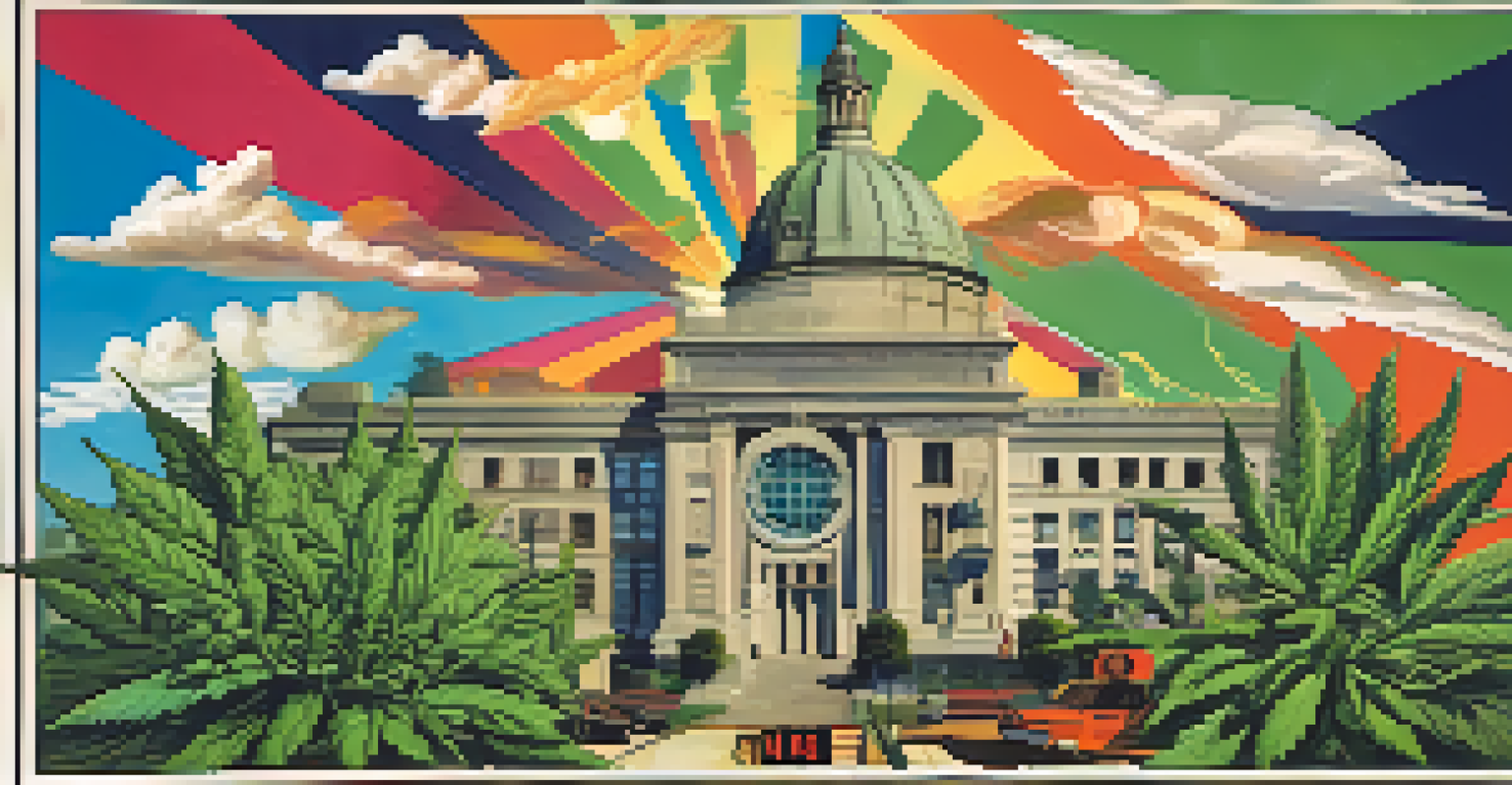 A vintage-style poster illustrating the history of marijuana advocacy with key moments and colorful borders.