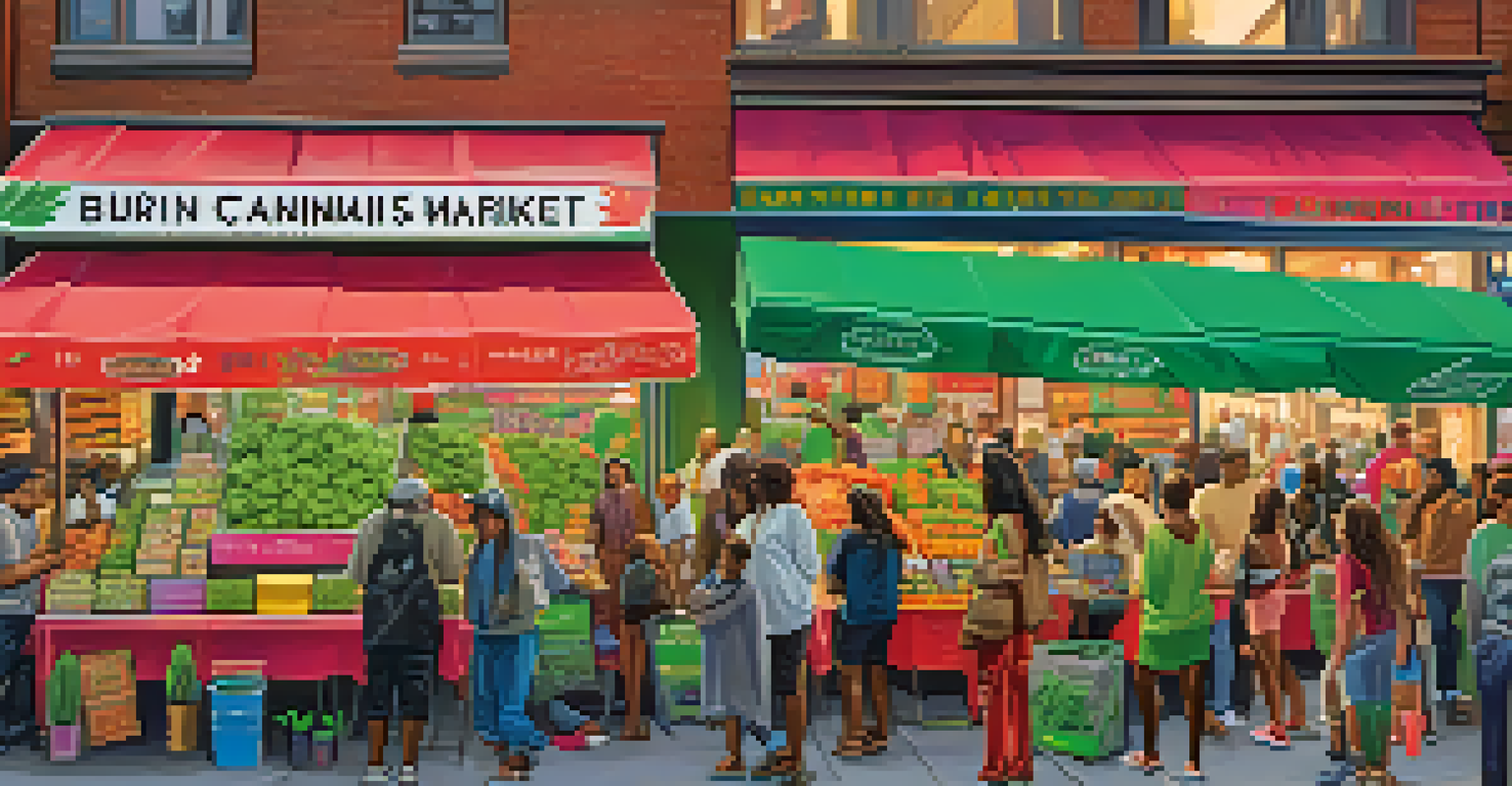 A lively urban cannabis market with diverse vendors and customers interacting at colorful stalls.