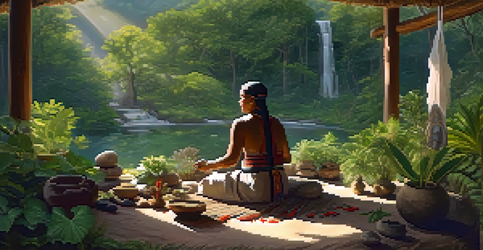 An Indigenous healer in a natural environment, preparing a ceremonial space with herbs and natural elements.