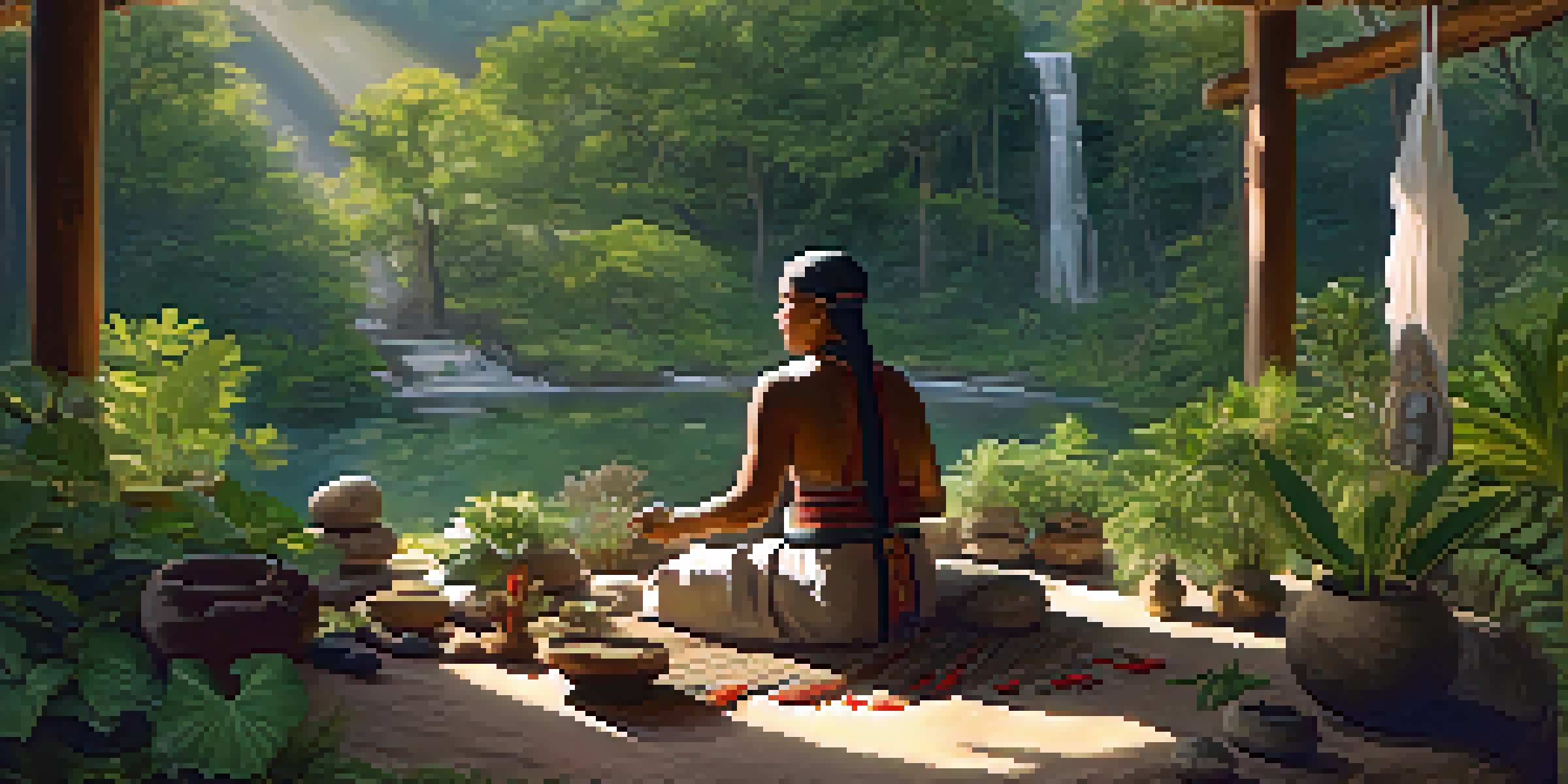 An Indigenous healer in a natural environment, preparing a ceremonial space with herbs and natural elements.