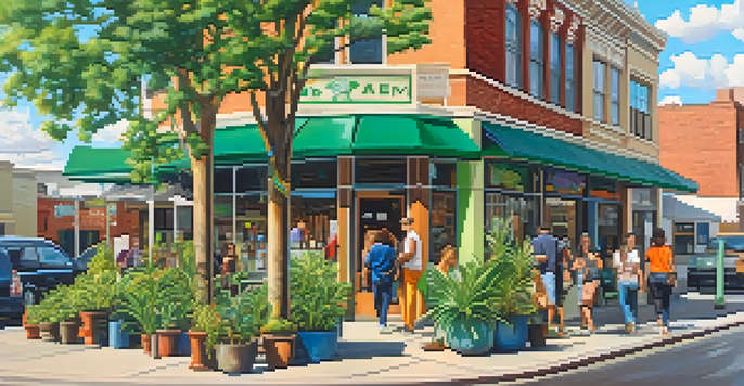 A lively urban street with a modern cannabis dispensary, surrounded by people enjoying the atmosphere.