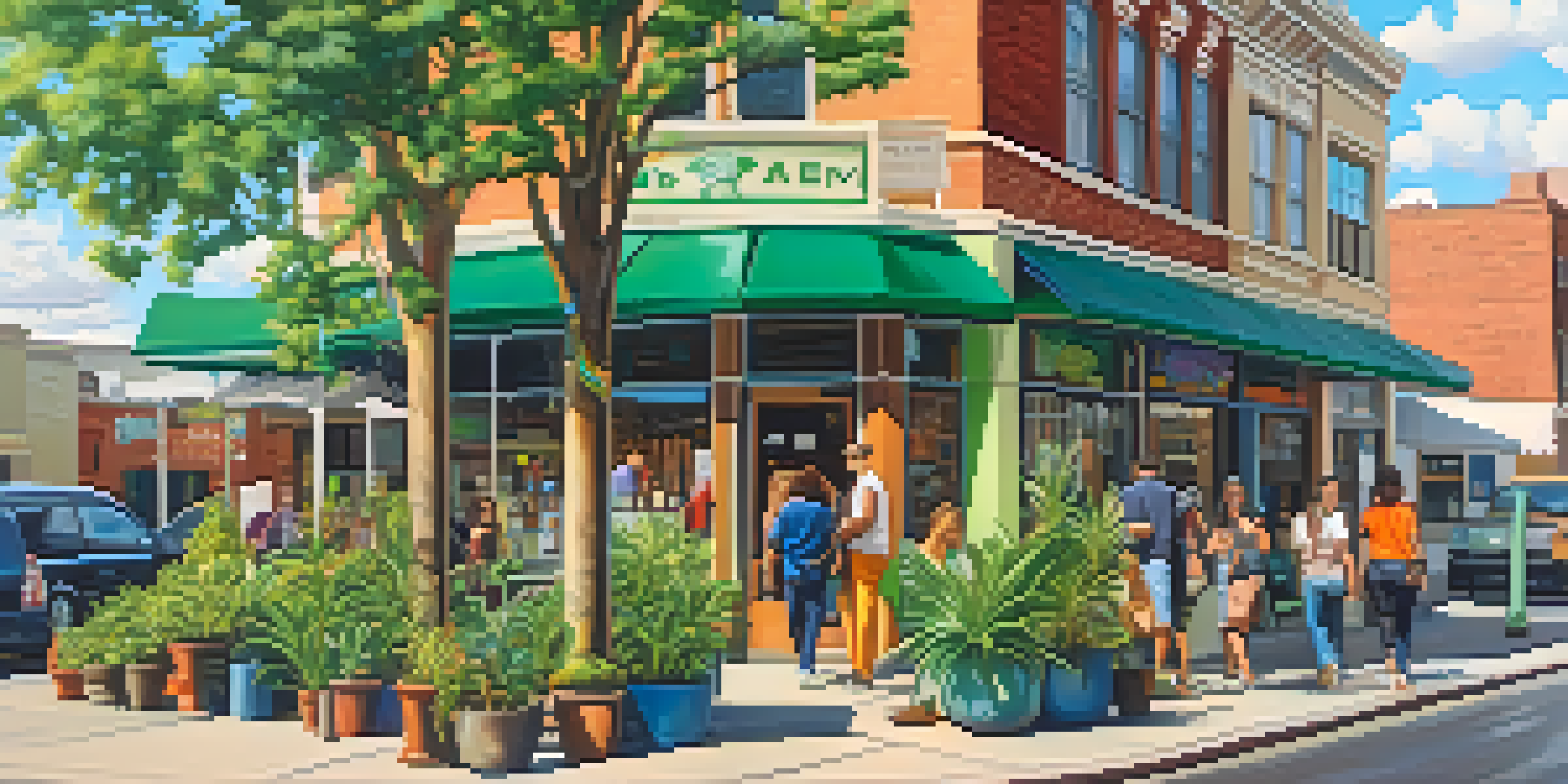 A lively urban street with a modern cannabis dispensary, surrounded by people enjoying the atmosphere.
