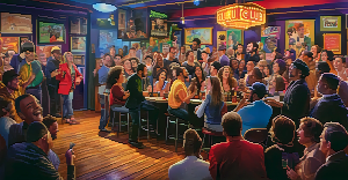 A lively comedy club with diverse comedians performing on stage, colorful lighting, and an engaged audience, highlighting the joy of comedy.