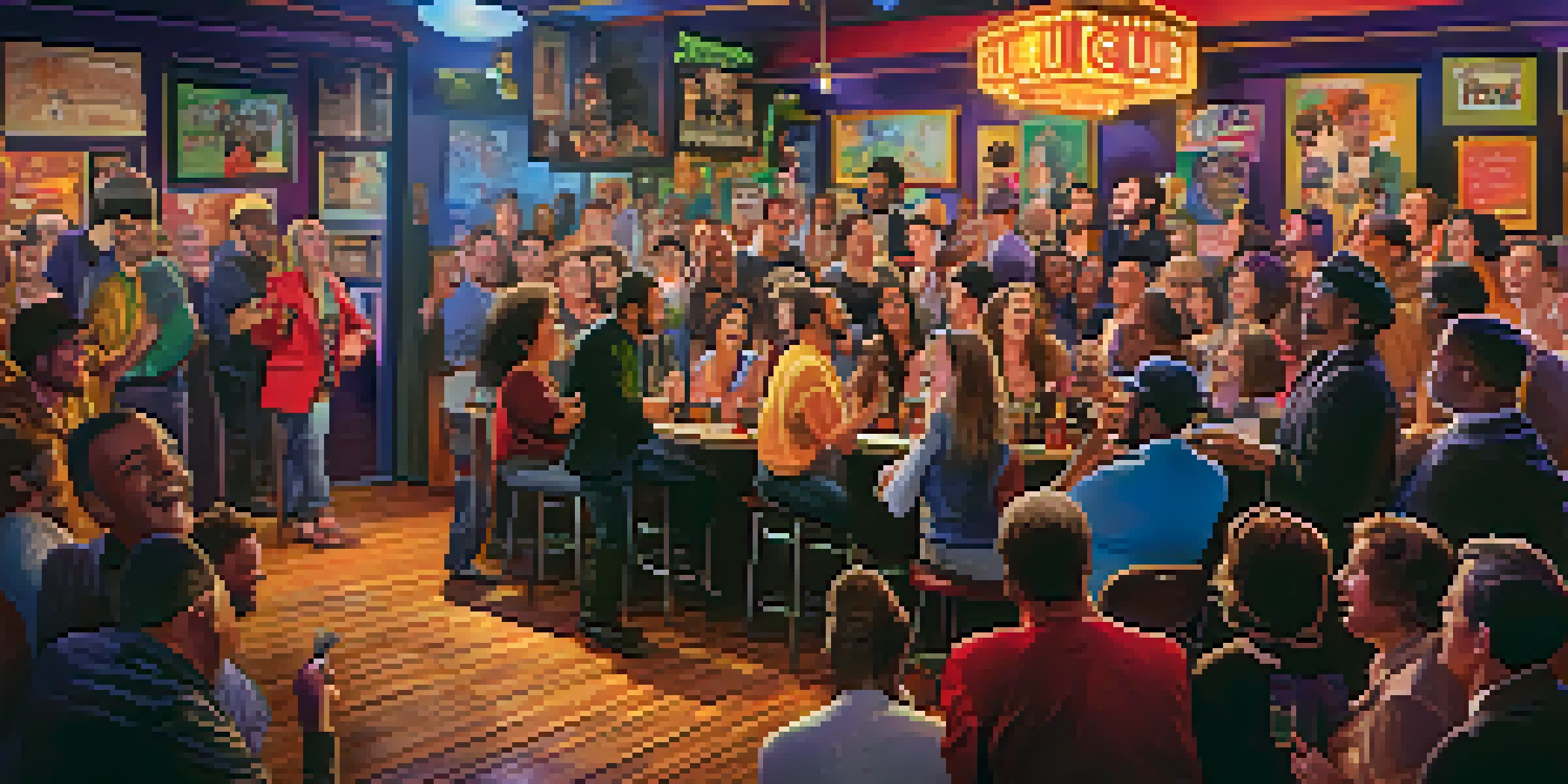 A lively comedy club with diverse comedians performing on stage, colorful lighting, and an engaged audience, highlighting the joy of comedy.