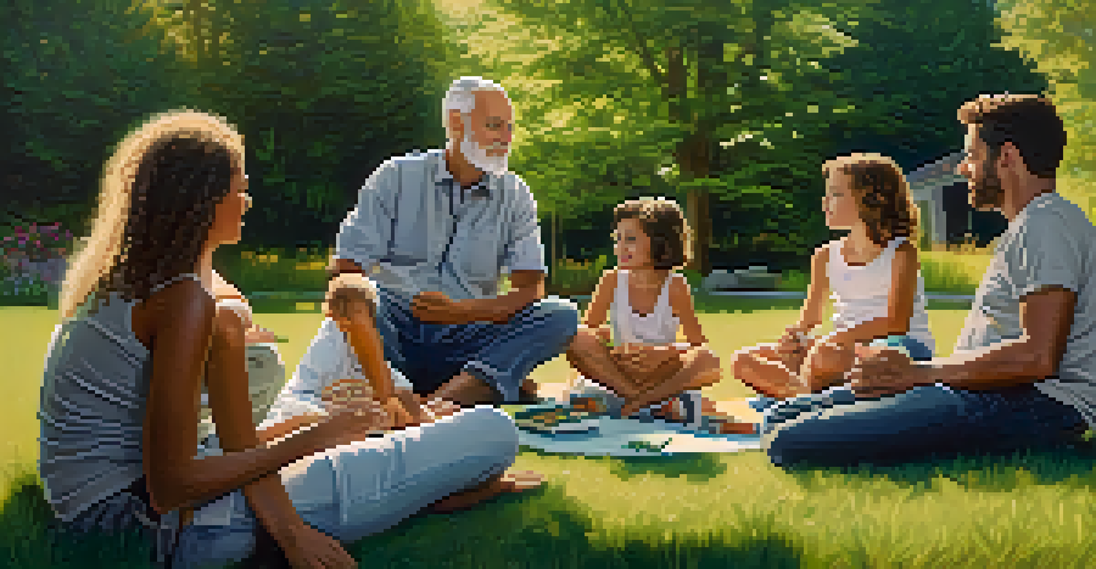 A multi-generational family sitting on grass, sharing stories about marijuana views in a natural setting.