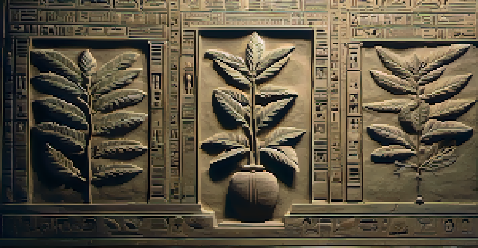 A close-up view of an ancient Egyptian artifact with carvings of marijuana plants, showcasing intricate details against a stone background.