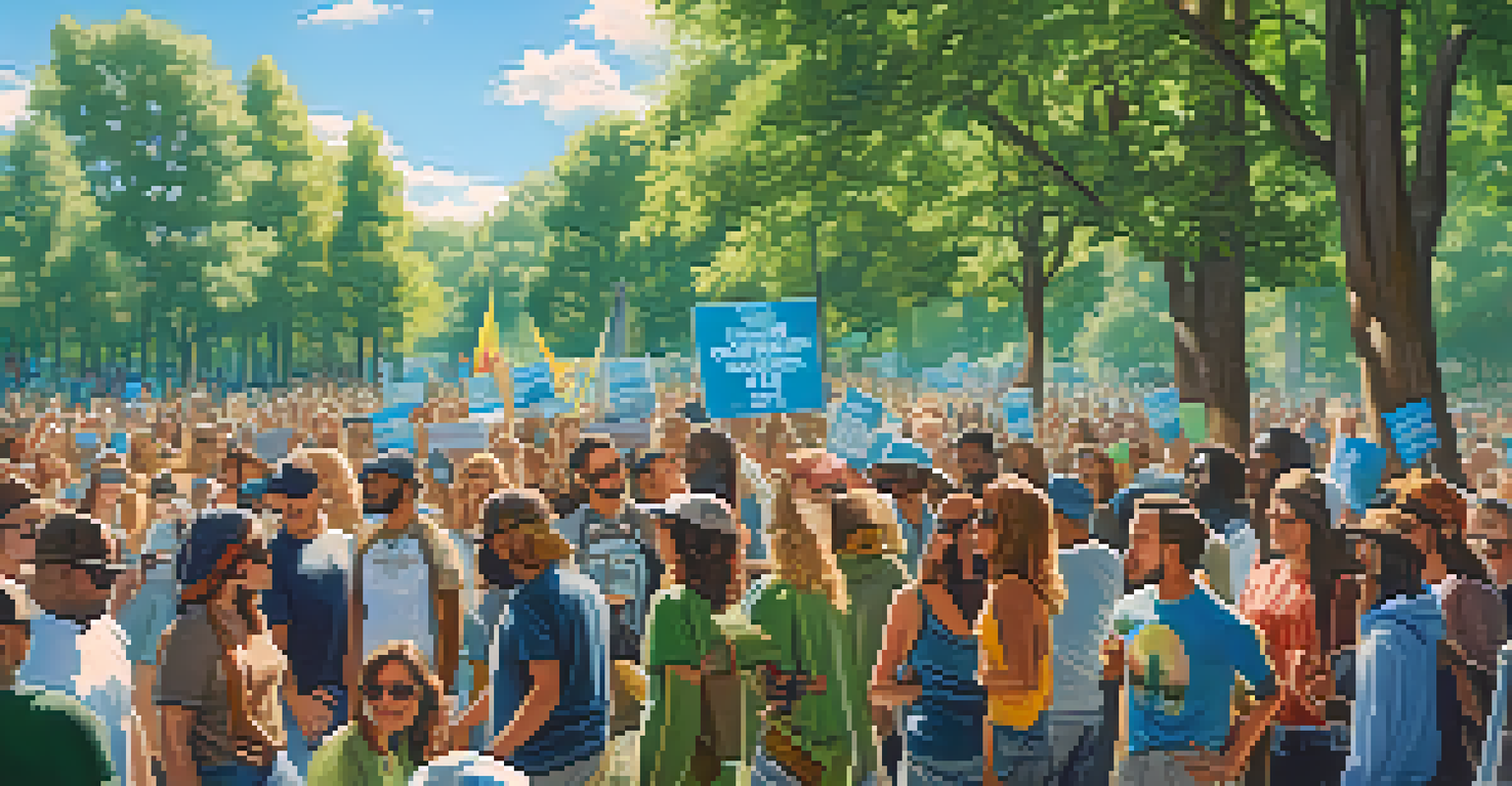 A vibrant outdoor gathering of diverse individuals advocating for marijuana legalization with signs and banners.