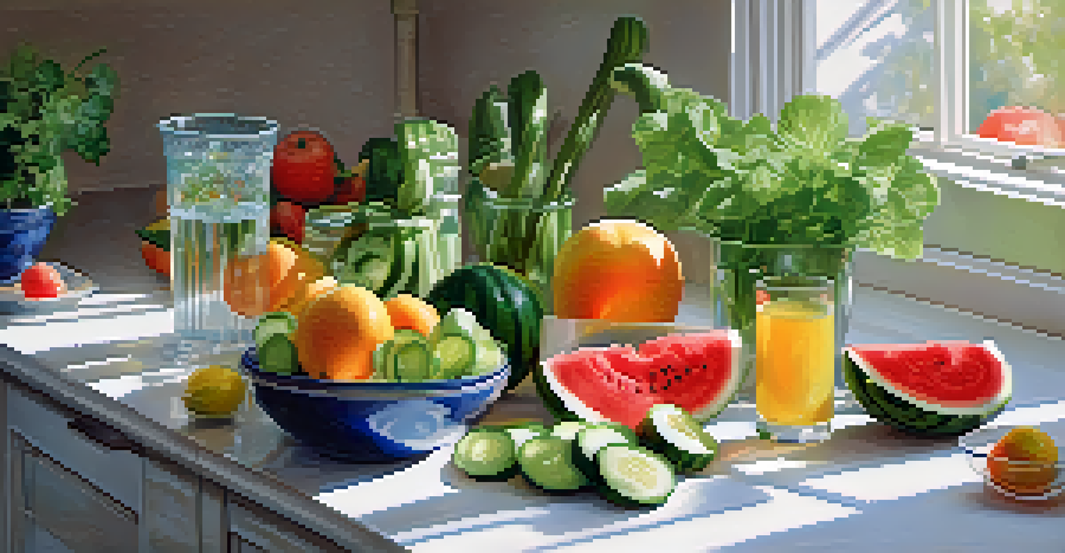A kitchen countertop with a glass of water and fresh hydrating fruits and vegetables like sliced cucumbers and watermelon.