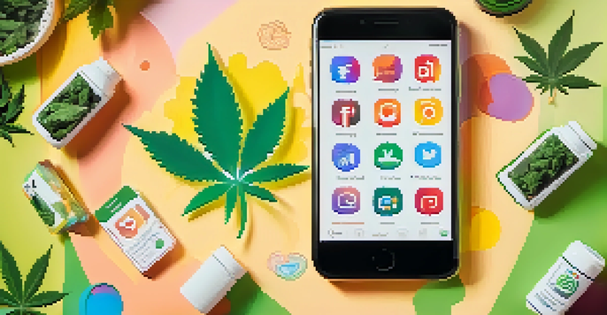 A smartphone displaying a colorful social media feed with posts about marijuana education, set in a bright room.