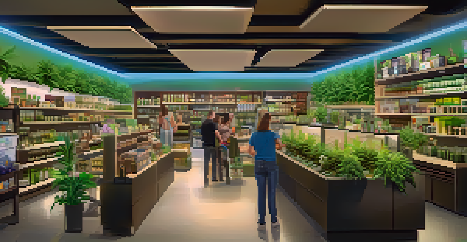 A modern cannabis retail shop with customers browsing colorful products and a staff member assisting.