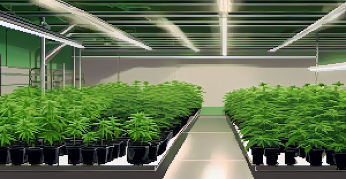 An indoor grow room displaying healthy marijuana plants under LED lights, with reflective walls, temperature and humidity monitoring equipment, and gardening tools.