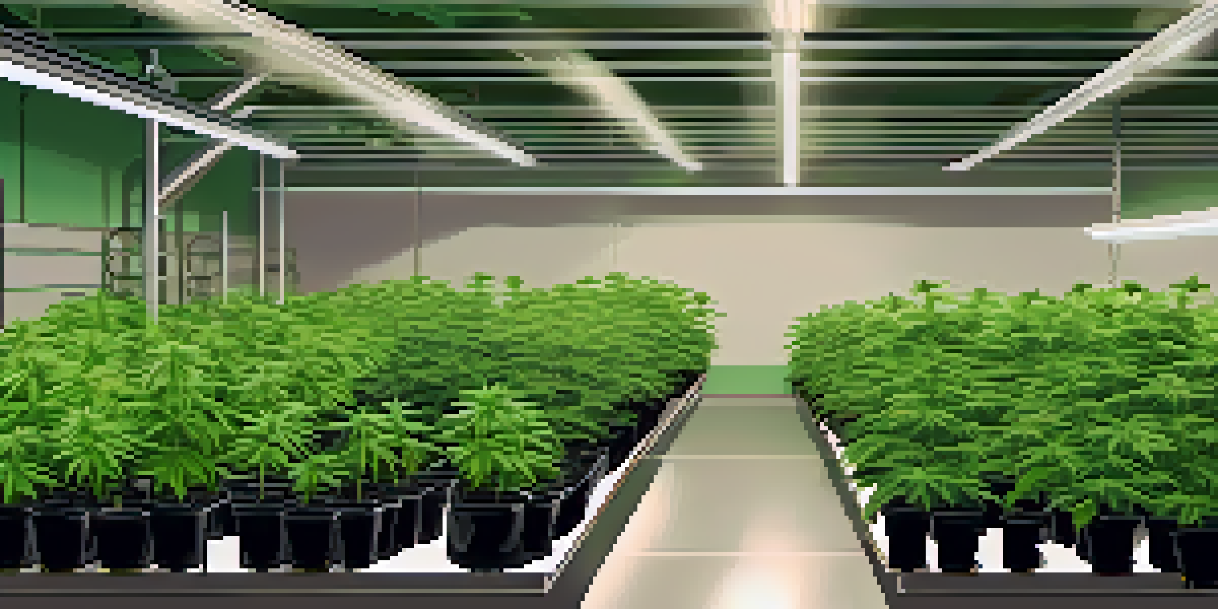 An indoor grow room displaying healthy marijuana plants under LED lights, with reflective walls, temperature and humidity monitoring equipment, and gardening tools.