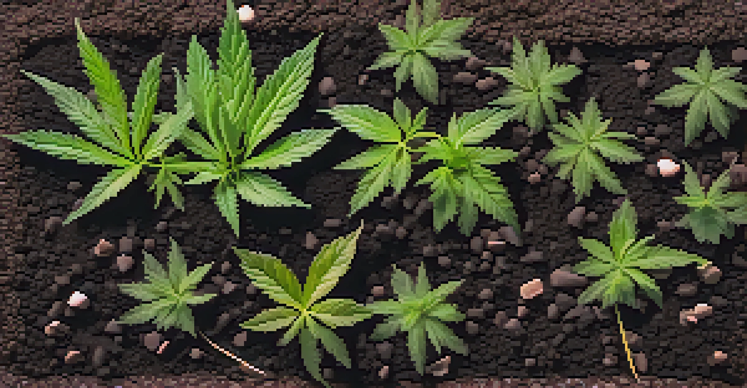A close-up of organic soil with cannabis seedlings, showcasing the rich texture and vibrant green leaves under soft natural light.