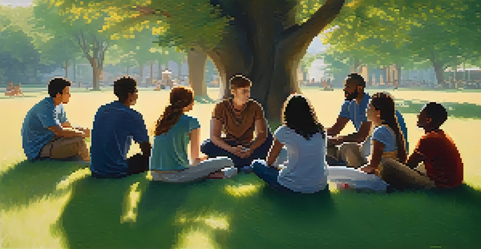 A diverse group of individuals sitting in a circle on the grass, discussing mental health with warm sunlight filtering through trees.