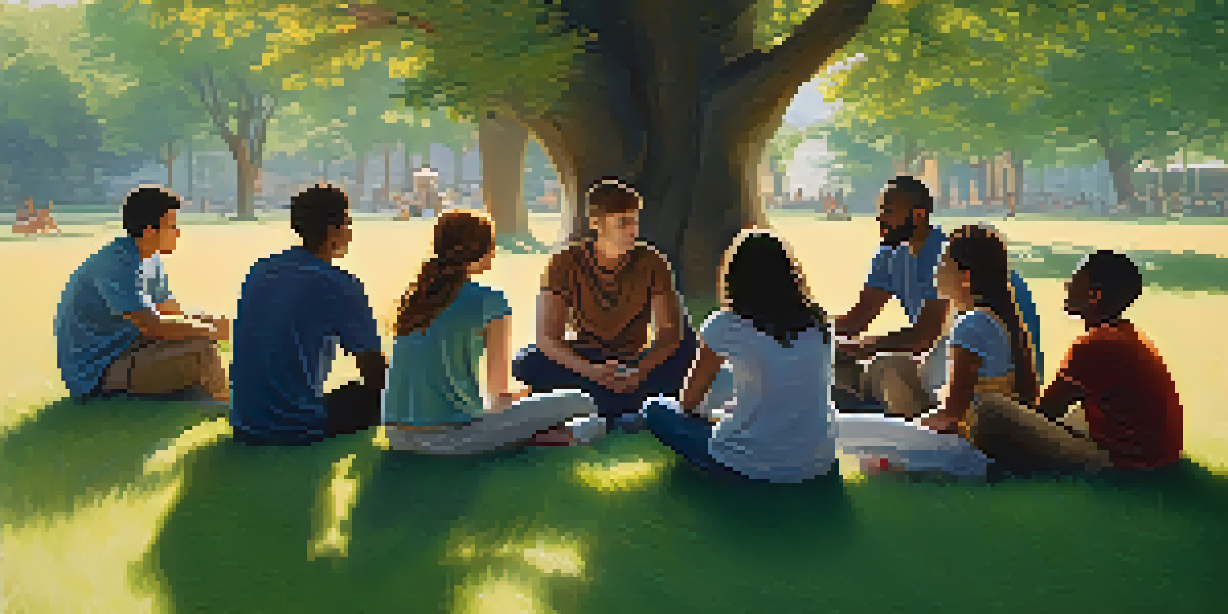 A diverse group of individuals sitting in a circle on the grass, discussing mental health with warm sunlight filtering through trees.