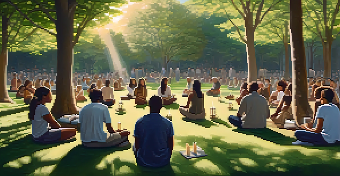 A diverse group of people in a park engaged in a communal grief ritual, surrounded by greenery and sunlight, holding candles and sharing stories.