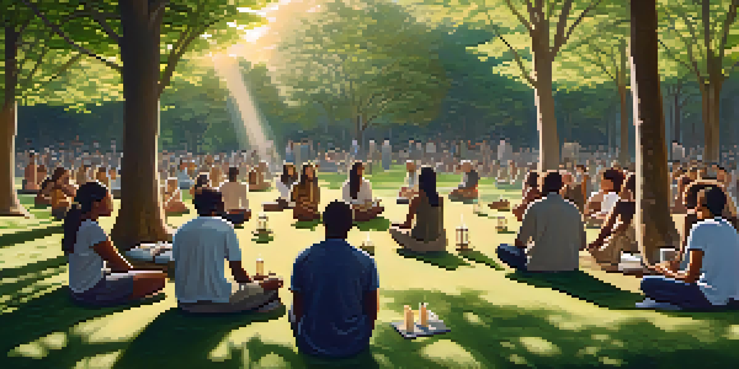 A diverse group of people in a park engaged in a communal grief ritual, surrounded by greenery and sunlight, holding candles and sharing stories.