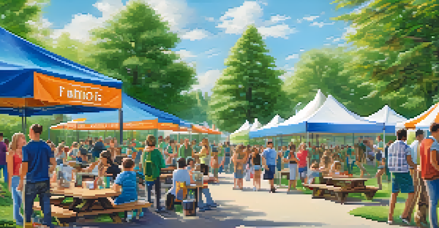 A community event in a park with people learning about cannabis, surrounded by greenery and children playing.