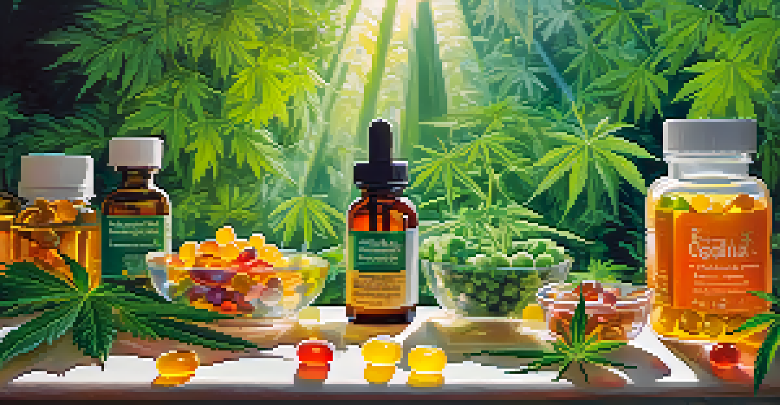 A vibrant arrangement of cannabis products and dietary supplements in a green outdoor setting, with sunlight filtering through the leaves.