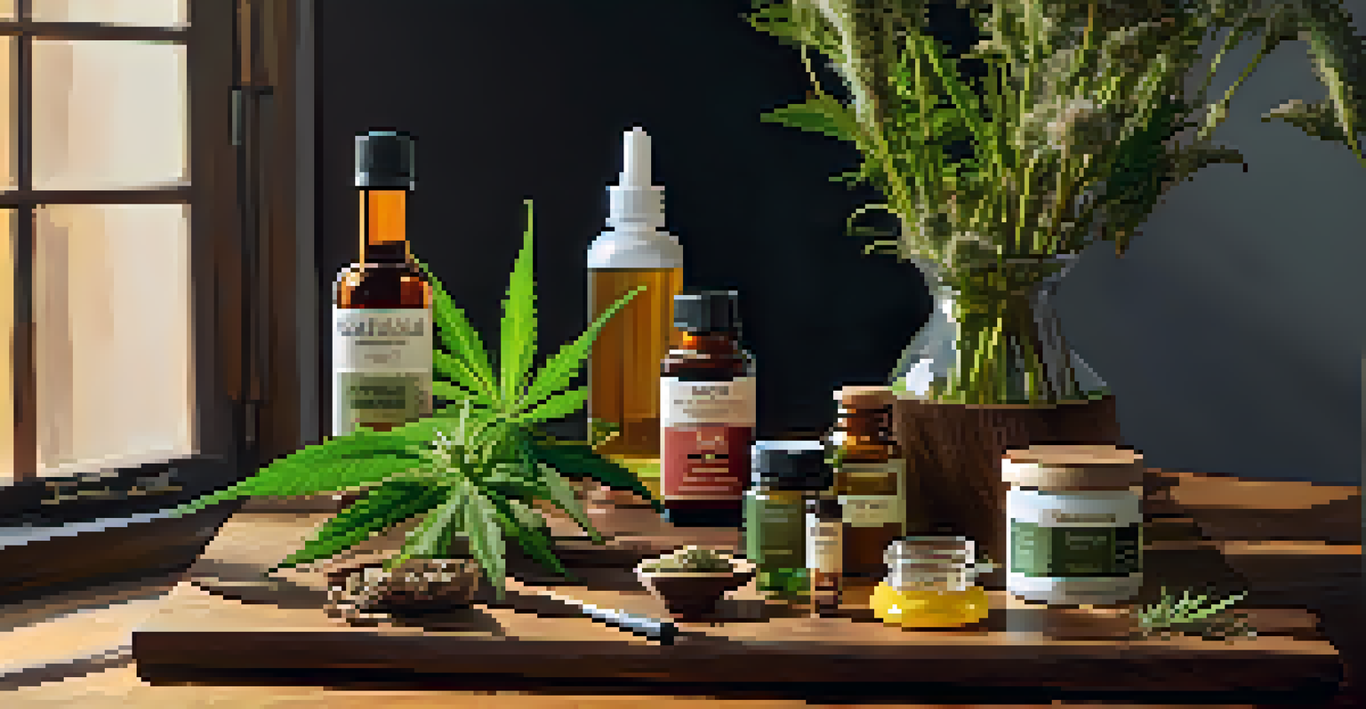 A collection of cannabis products arranged on a wooden table with warm lighting.