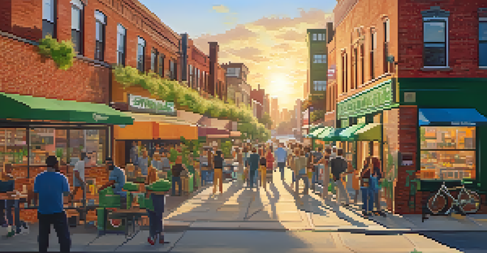 A lively street scene with a cannabis dispensary, featuring a diverse crowd and warm golden hour lighting.