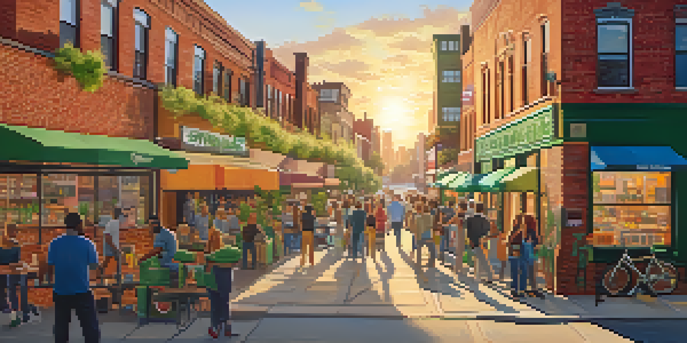 A lively street scene with a cannabis dispensary, featuring a diverse crowd and warm golden hour lighting.