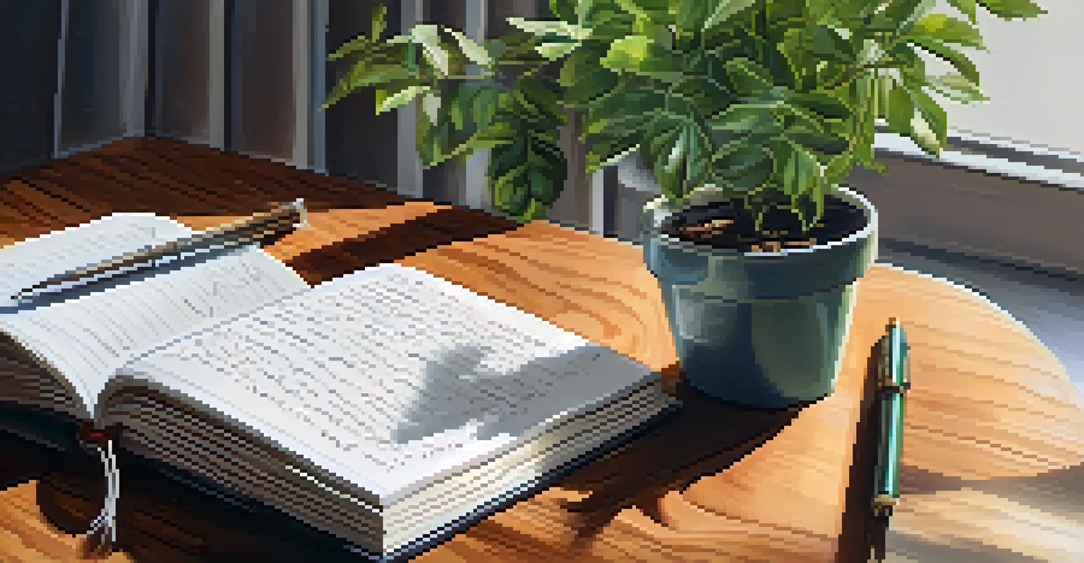 Close-up of hands writing in a journal on a wooden table, with a potted plant beside it.