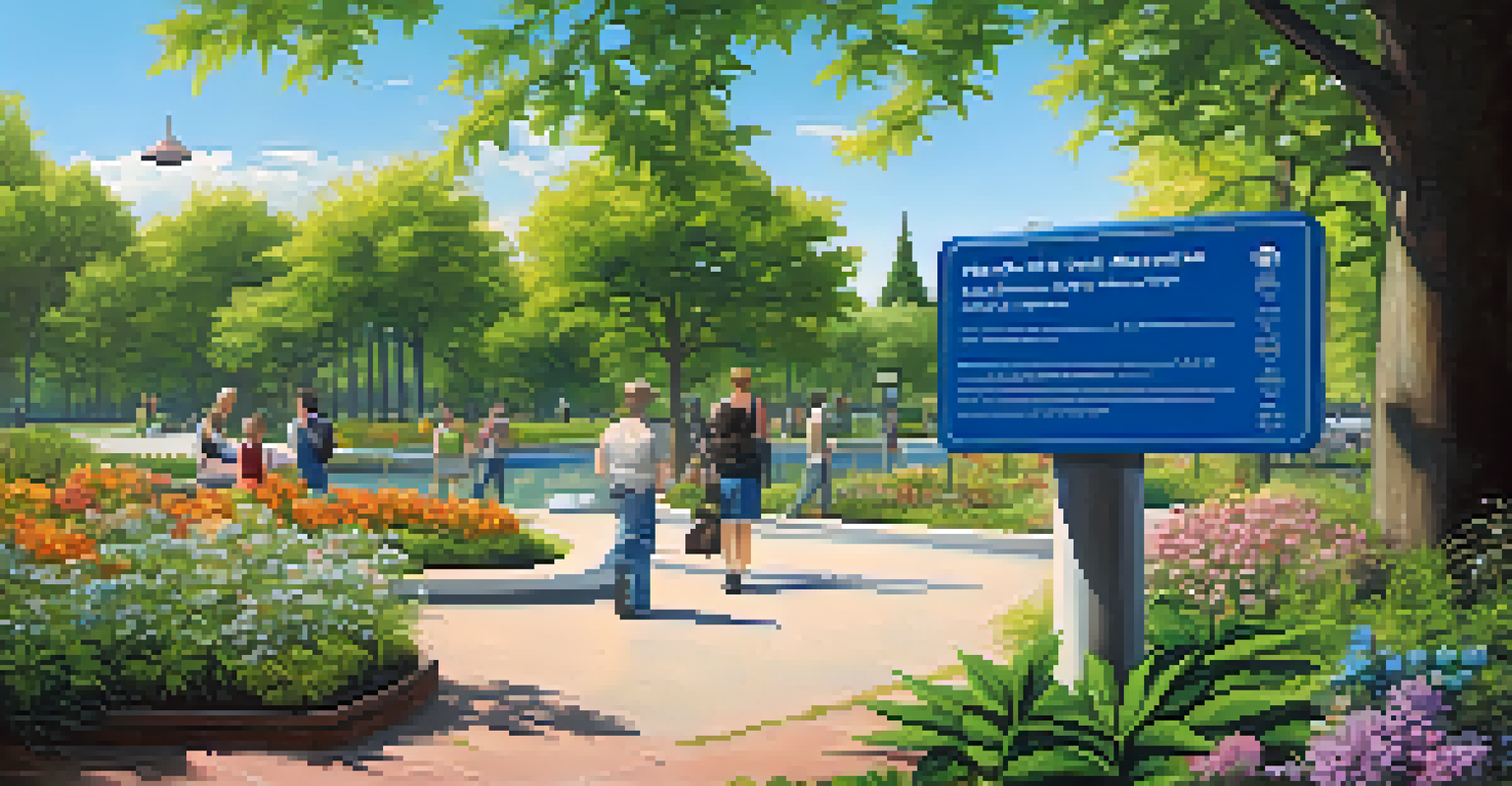 A park sign detailing marijuana regulations, surrounded by flowers and greenery, with people enjoying the park in the background.