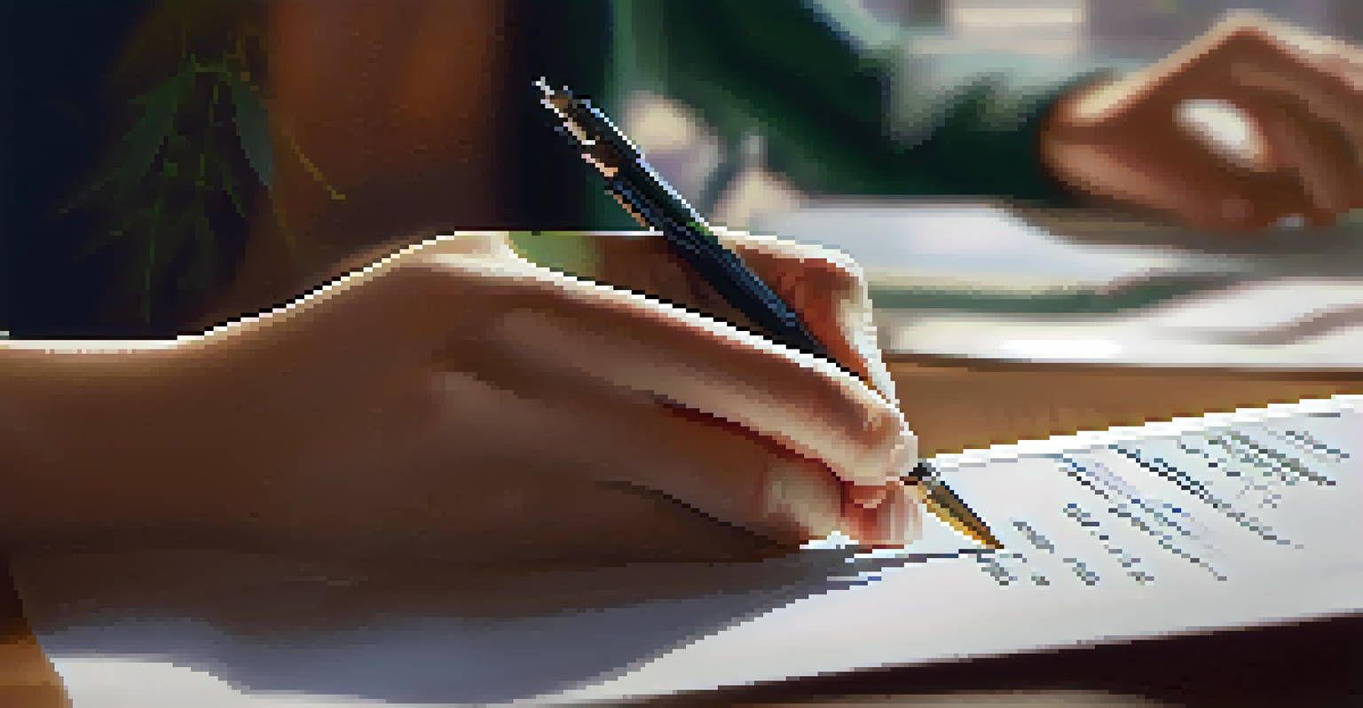 Close-up of hands filling out an informed consent form for a marijuana research study, emphasizing clarity and respect.