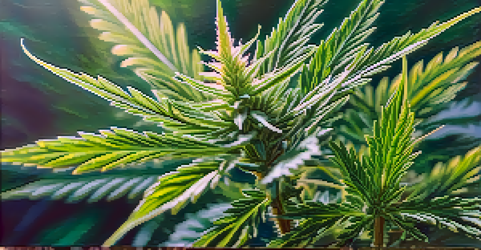 A close-up view of a healthy cannabis plant with detailed leaves and trichomes in sunlight.