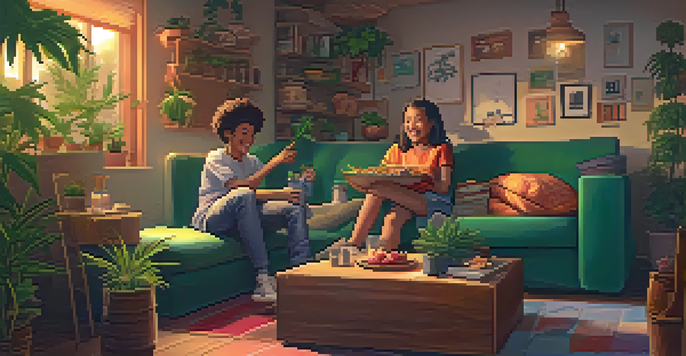 Two siblings sitting on a couch in a cozy living room, laughing while cooking with cannabis-infused ingredients.