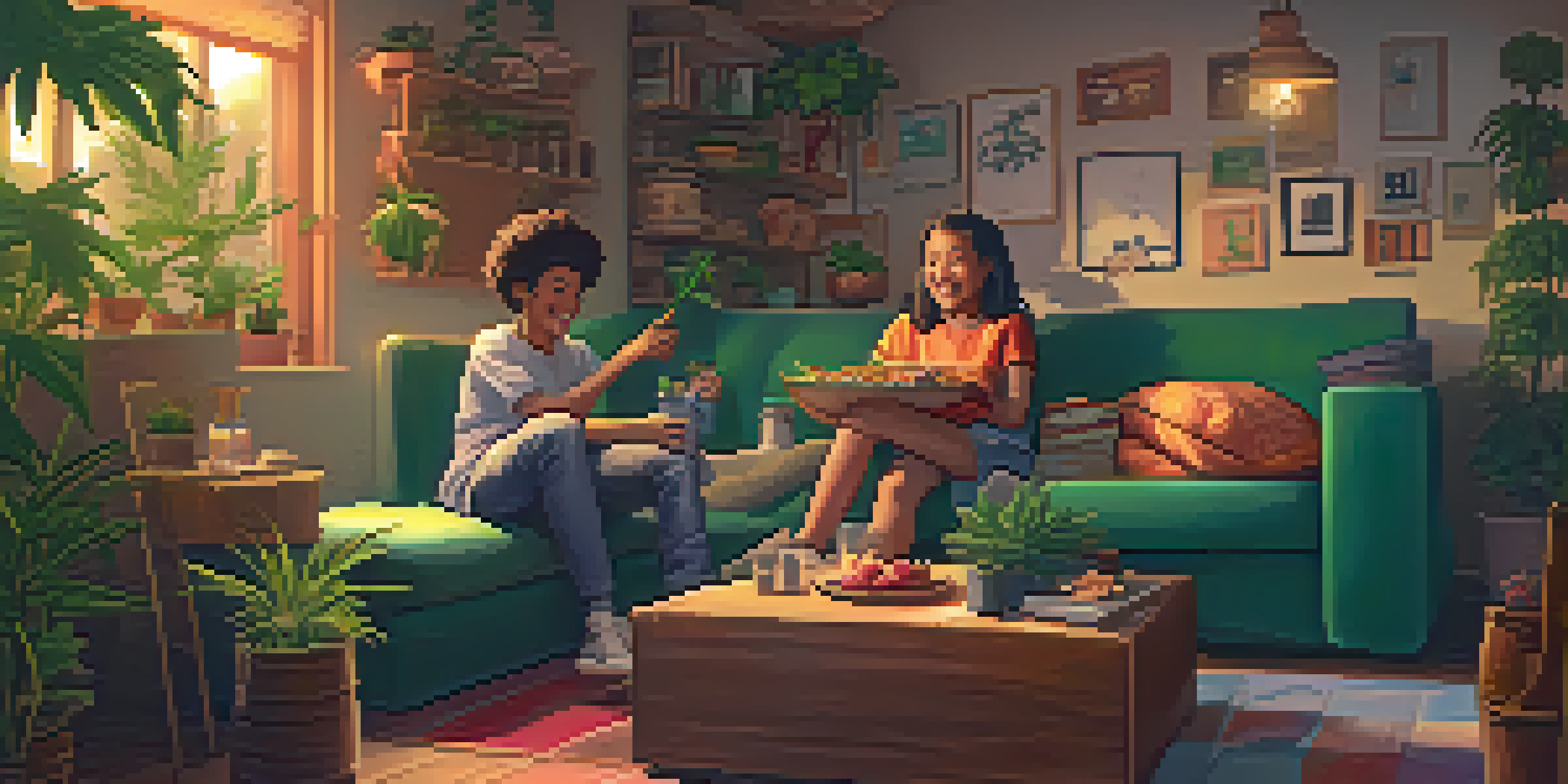 Two siblings sitting on a couch in a cozy living room, laughing while cooking with cannabis-infused ingredients.