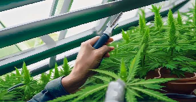 A farmer's hands holding a 3D-printed cannabis trimming tool in a greenhouse filled with green cannabis plants.