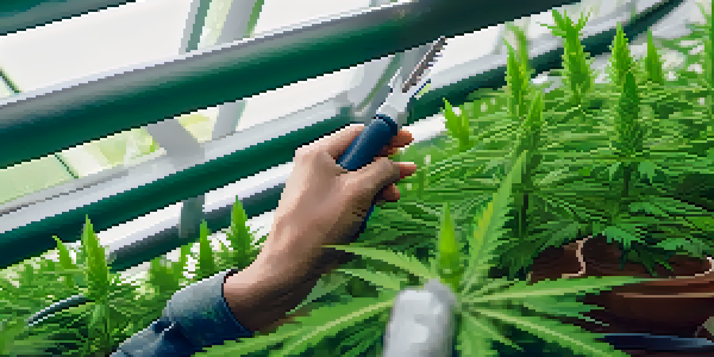 A farmer's hands holding a 3D-printed cannabis trimming tool in a greenhouse filled with green cannabis plants.