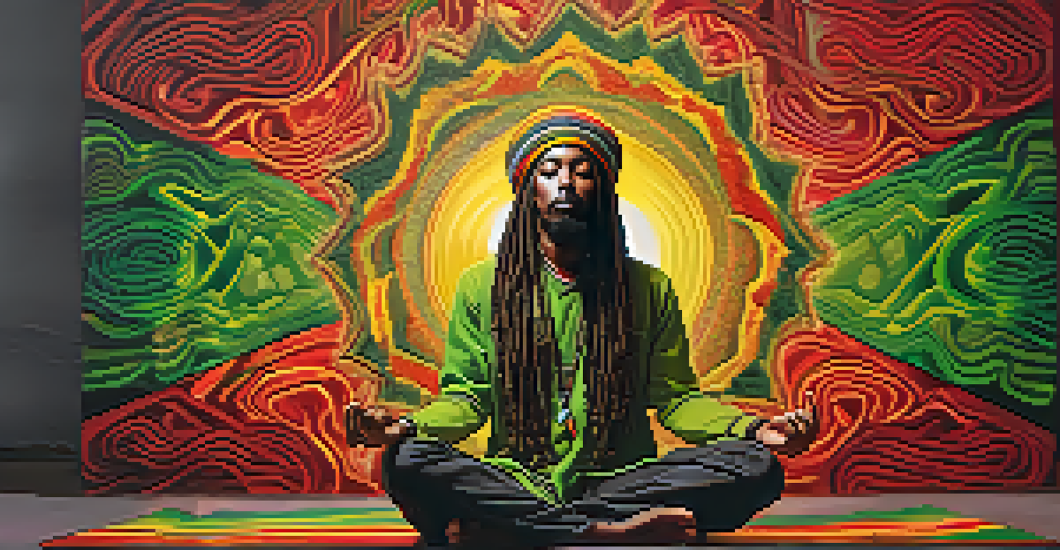 A Rasta individual meditating with a lit joint, surrounded by vibrant colors and abstract patterns symbolizing spiritual energy.