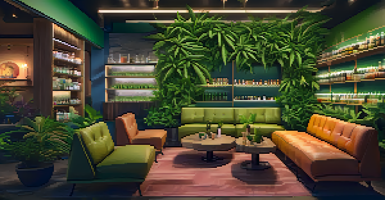 A cozy cannabis lounge featuring plush seating, ambient lighting, and cannabis products, with tourists interacting with staff.