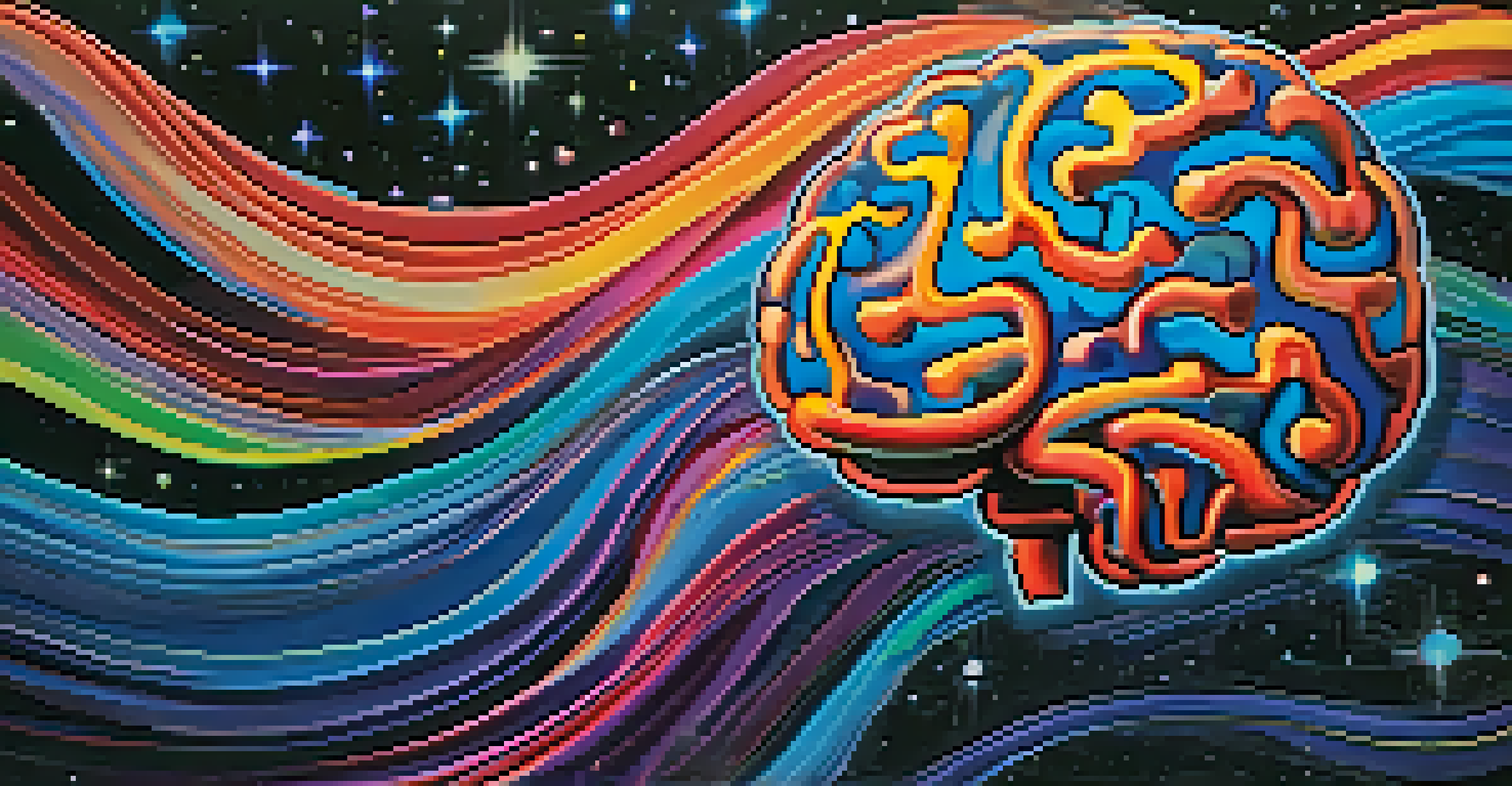 An artistic depiction of a brain surrounded by colorful waves and swirls, representing dreams and memories against a dark night background.