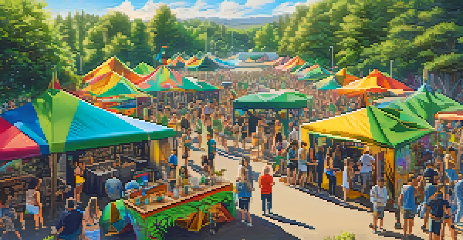 An outdoor art festival with artists displaying cannabis-themed art, surrounded by attendees in a vibrant, sunny atmosphere.