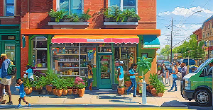 A busy street scene with a cannabis dispensary, colorful storefront, and diverse customers, surrounded by cafes and greenery.