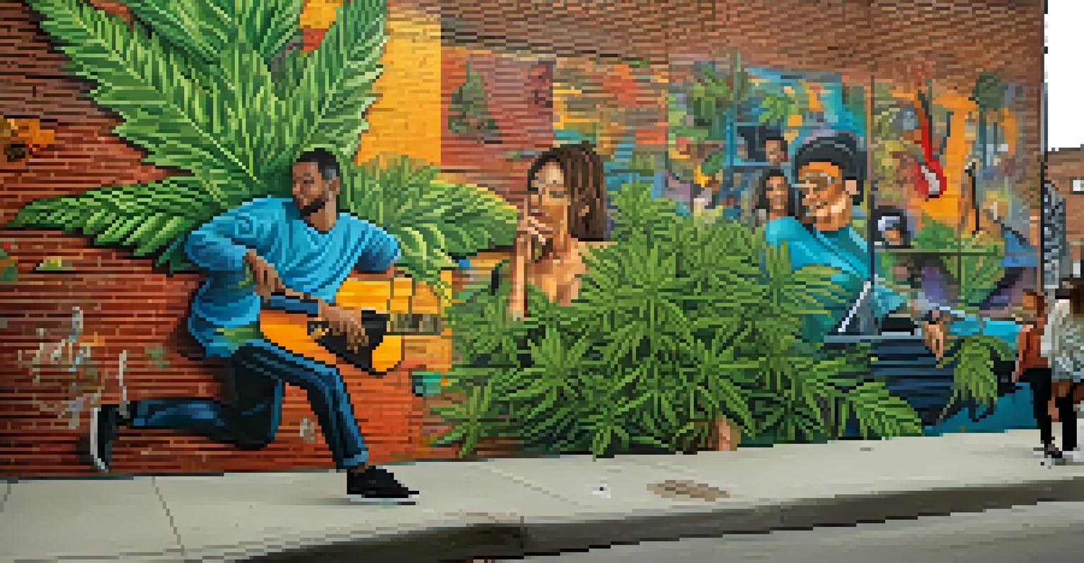 A colorful street art mural depicting the connection between music and cannabis, featuring musicians and cannabis leaves against a brick wall.