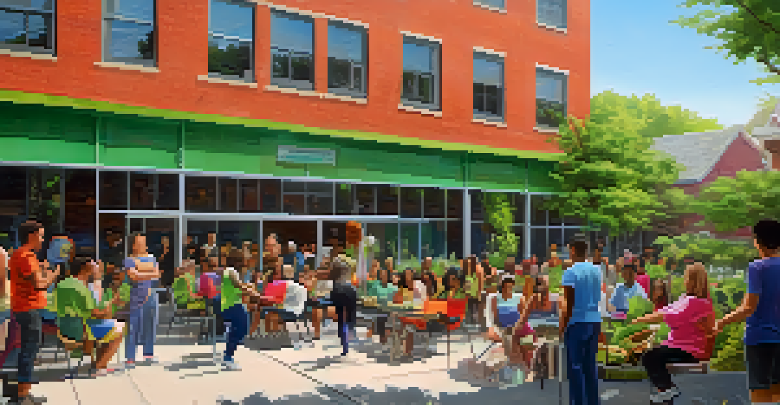 A community center with people participating in a wellness workshop in an urban neighborhood.