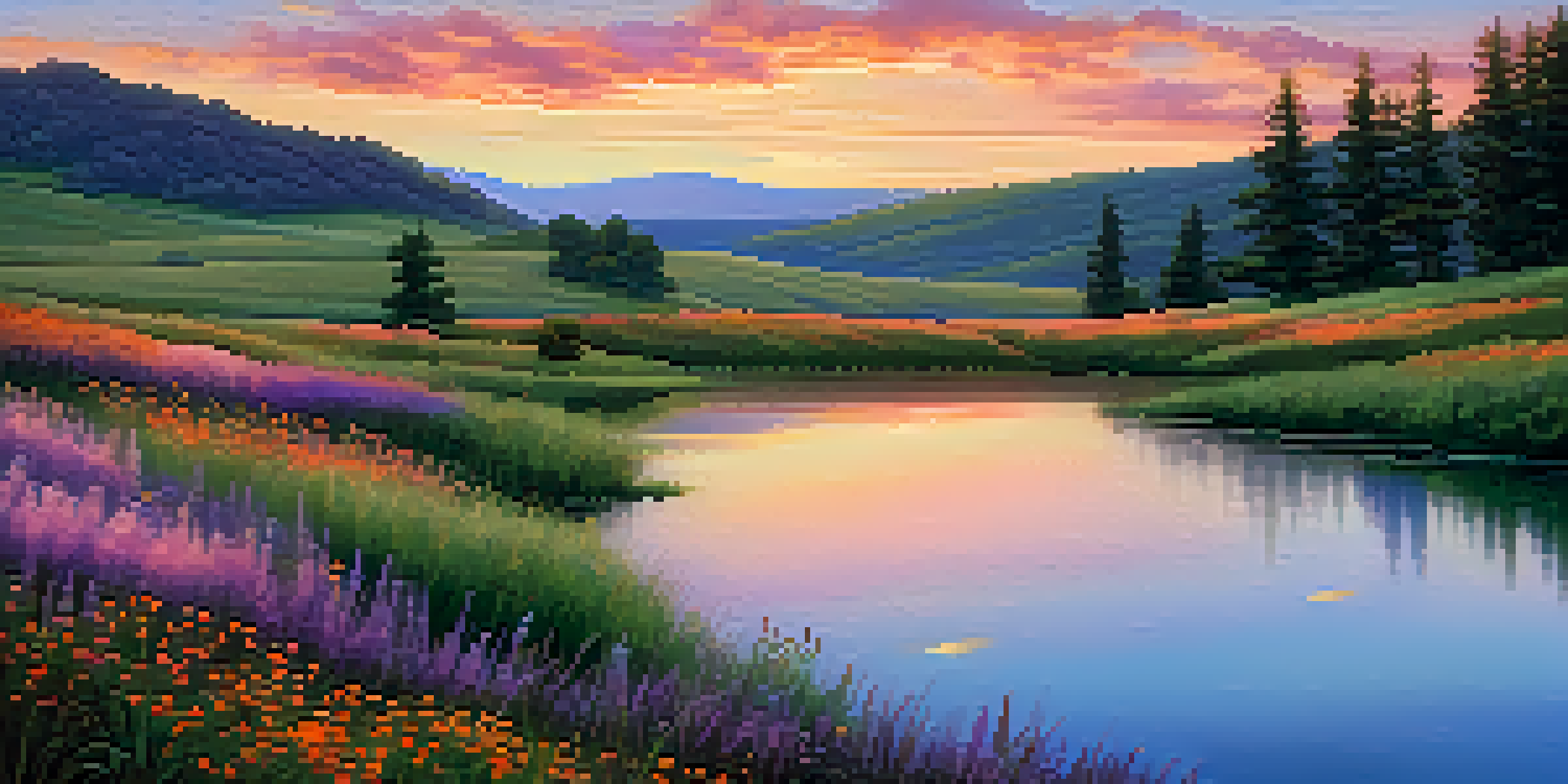 A beautiful sunset over rolling hills with wildflowers in the foreground and a calm lake reflecting the vibrant sky.