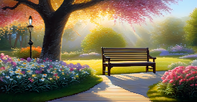 A peaceful garden at sunrise with colorful flowers and a wooden bench under a flowering tree.