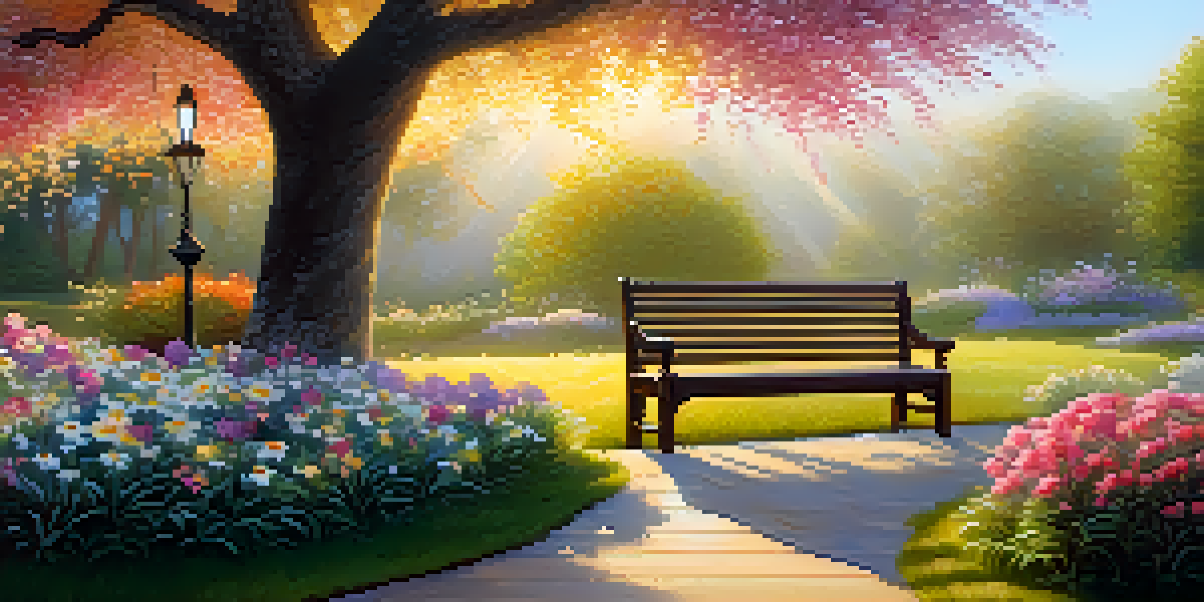 A peaceful garden at sunrise with colorful flowers and a wooden bench under a flowering tree.