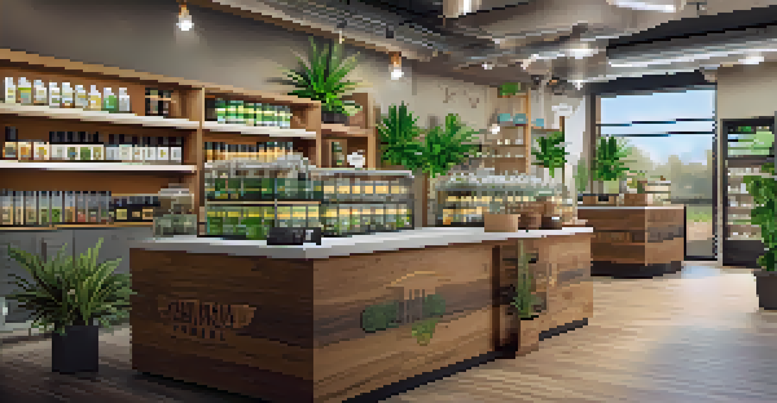 The interior of a cannabis dispensary filled with products on shelves and staff assisting customers.