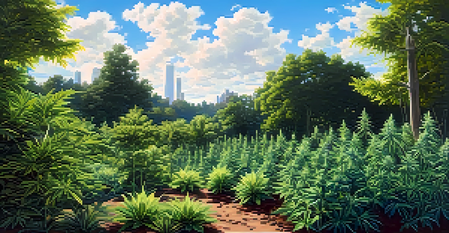 An outdoor marijuana garden with tall plants growing in sunlight and surrounded by greenery.