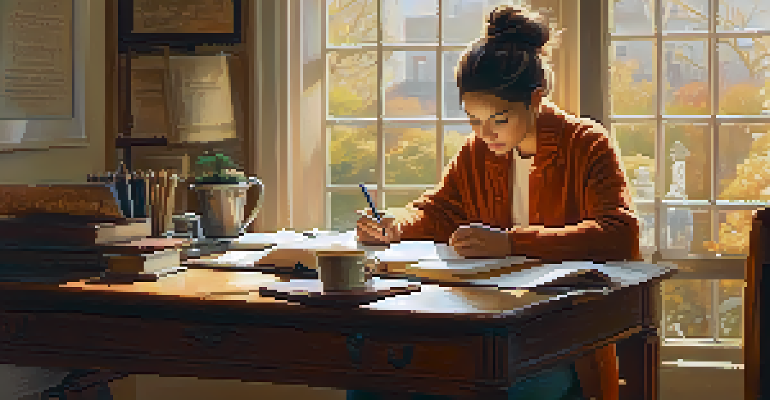A person sitting at a desk in a cozy home office, writing down goals with a cup of tea nearby and sunlight streaming through a window.