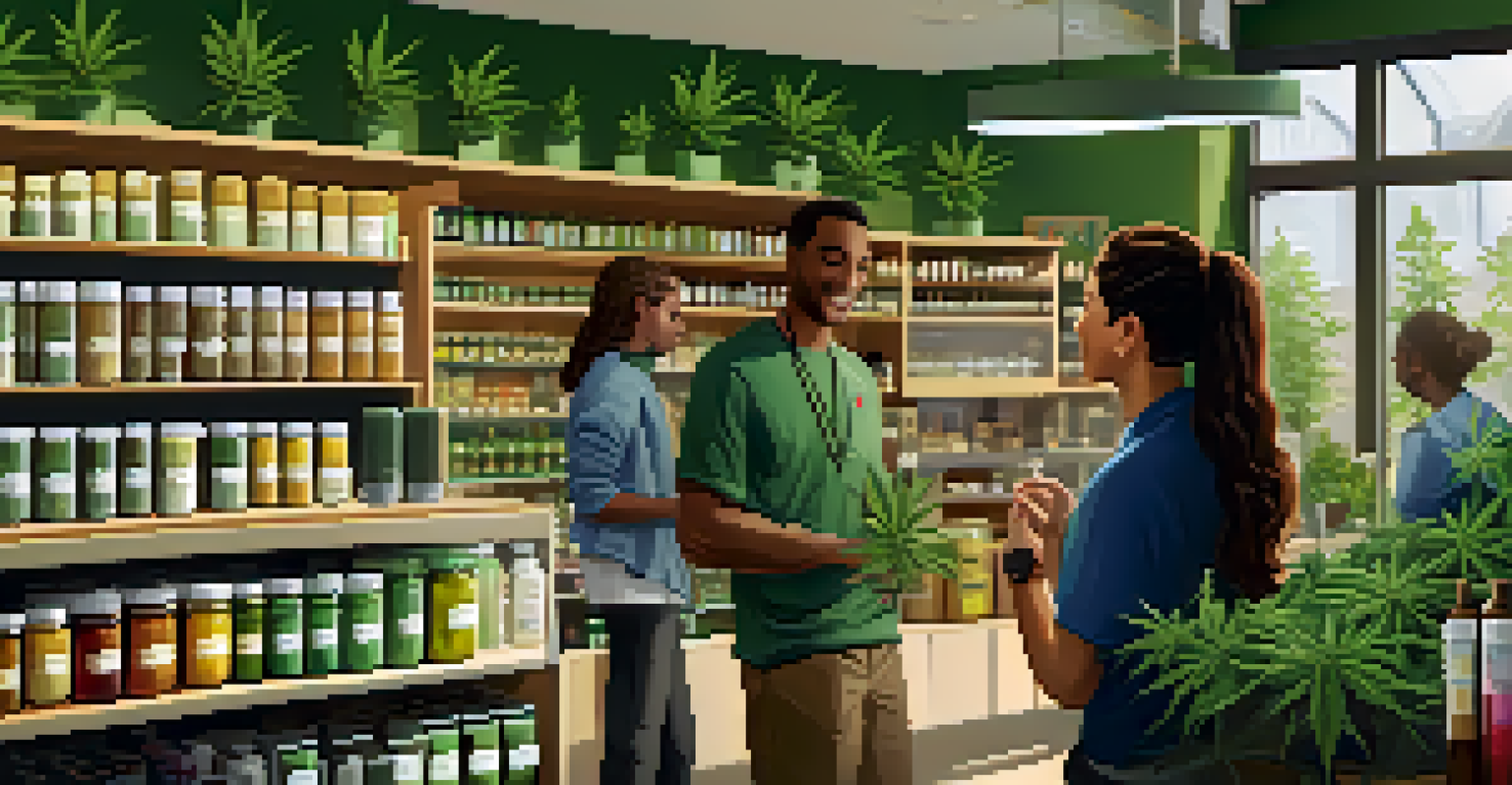 Inside a cannabis dispensary with customers browsing products and staff assisting.