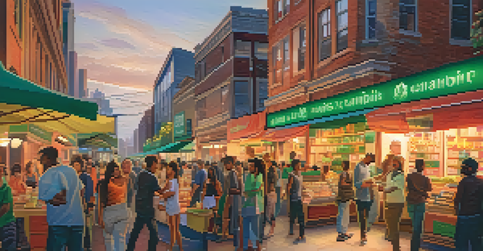 A vibrant city street at sunset with people interacting at a local cannabis market, colorful banners, and food stalls.
